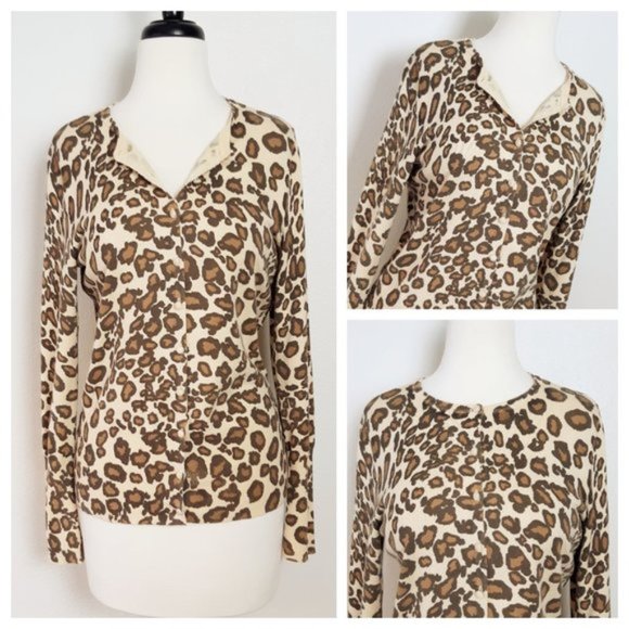 Merona Cardigan Sweater Leopard Print Tan Brown Long Sleeve Button Up Cardigan - Picture 3 of 8